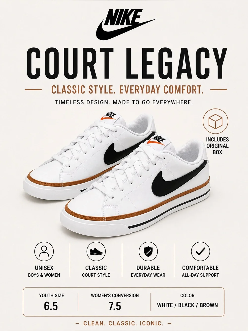 Nike Court Legacy White Black Brown Sneakers Youth 6.5  or Women’s 7.5 NWT